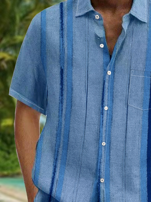 Geometric Stripe Print Chest Pocket Short Sleeve Casual Shirt