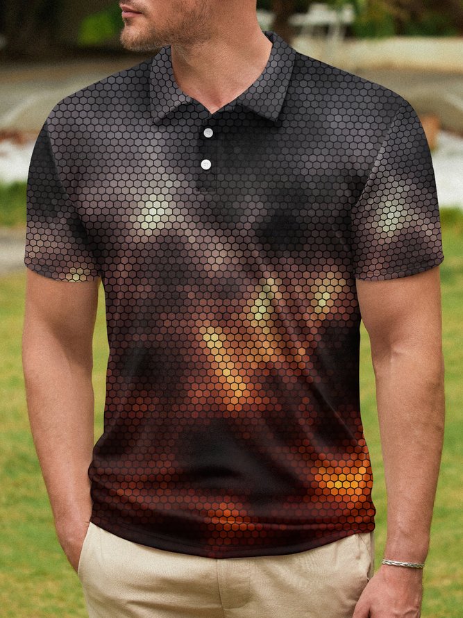 Ombre Abstract Geometric Button Short Sleeve PoLo Shirt