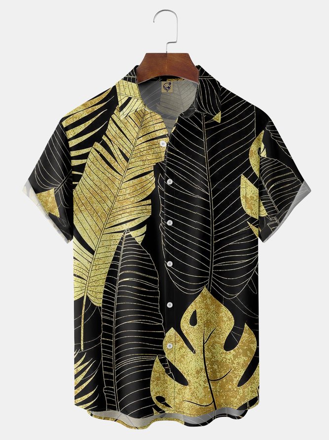 Gradient Black Gold Plant Leaves Chest Pocket Short Sleeve Hawaiian Shirt