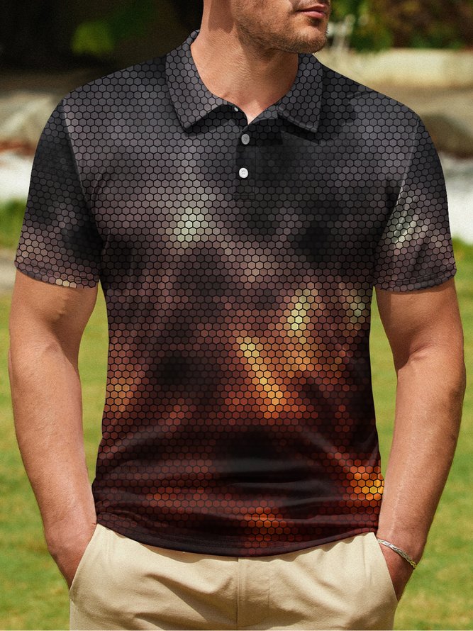 Ombre Abstract Geometric Button Short Sleeve PoLo Shirt