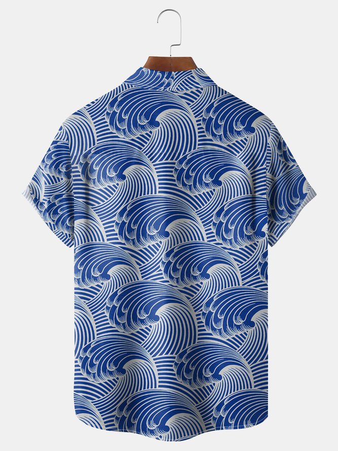 Japanese Waves Chest Pocket Short Sleeve Hawaiian Shirt