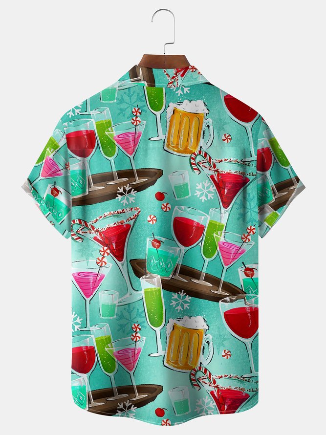 Drink Cocktail Chest Pocket Short Sleeve Hawaiian Shirt