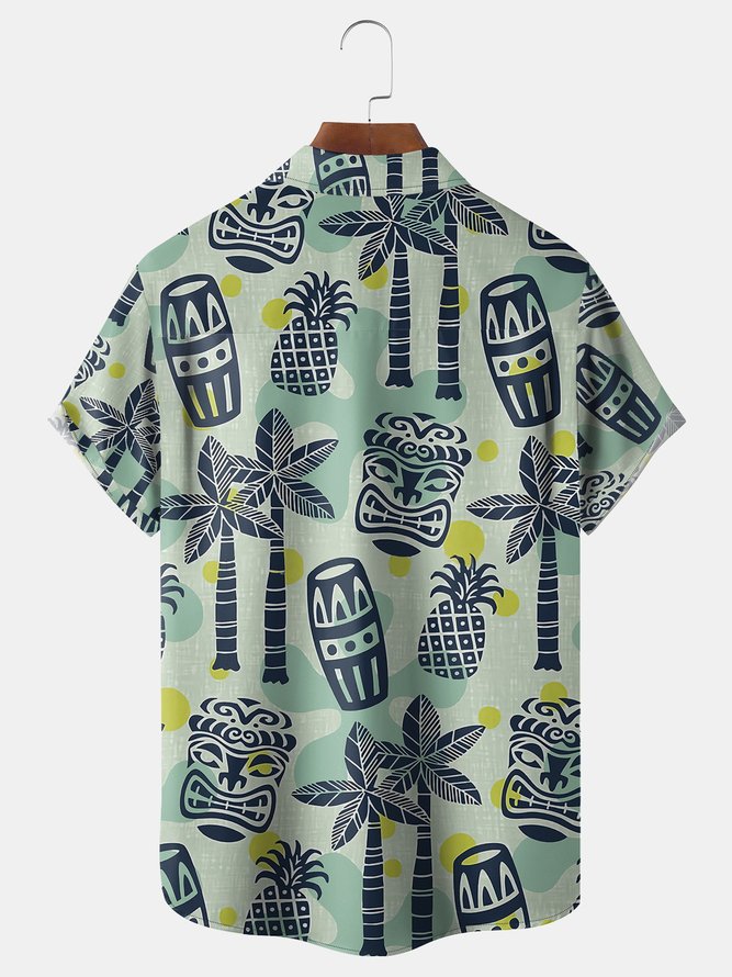 Tiki Coconut Tree Chest Pocket Short Sleeve Hawaiian Shirt