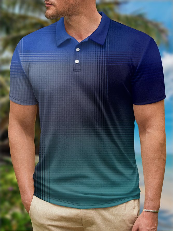 Ombre Abstract Line Button Short Sleeve Polo Shirt