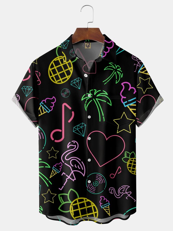 Neon Lighting Flamingo Chest Pocket Short Sleeve Hawaiian Shirt