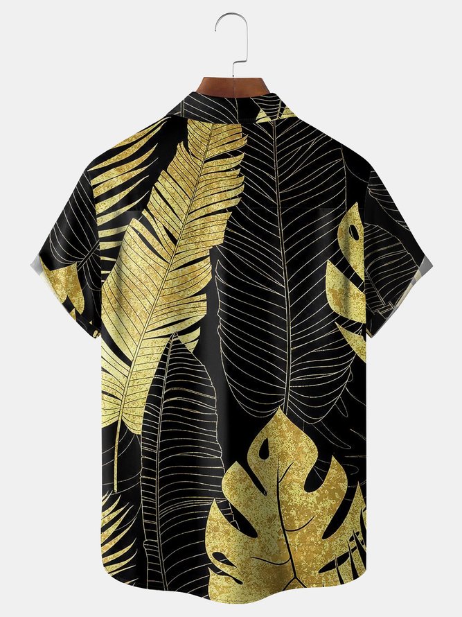 Gradient Black Gold Plant Leaves Chest Pocket Short Sleeve Hawaiian Shirt