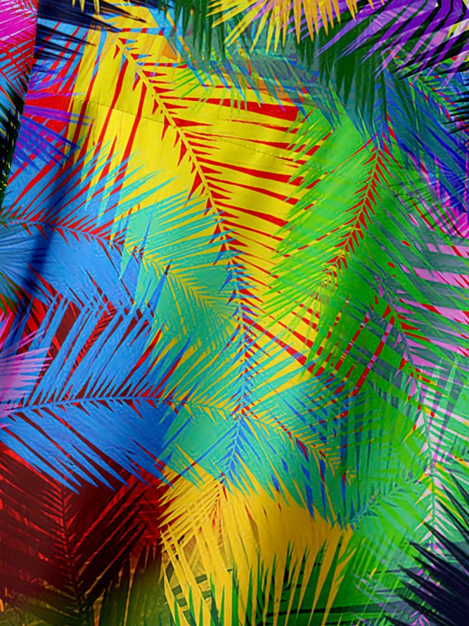 Colorful Palm Leaf Chest Pocket Short Sleeve Hawaiian Shirt