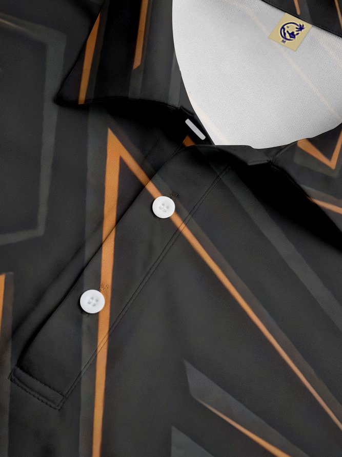 Black Gold Abstract Geometric Button Short Sleeve Polo Shirt