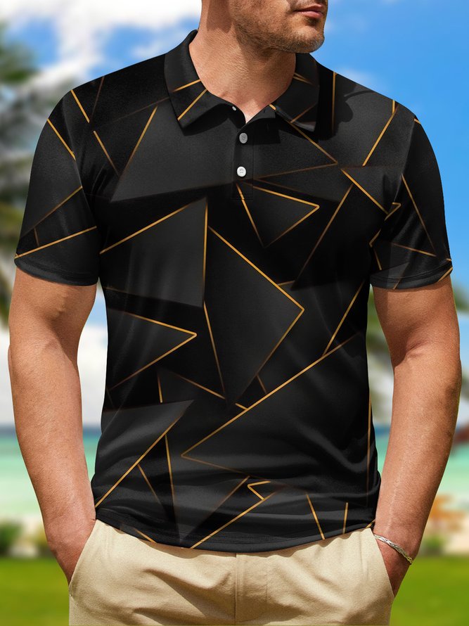 Gradient 3D Black Gold Abstract Geometric Button Short Sleeve Polo Shirt