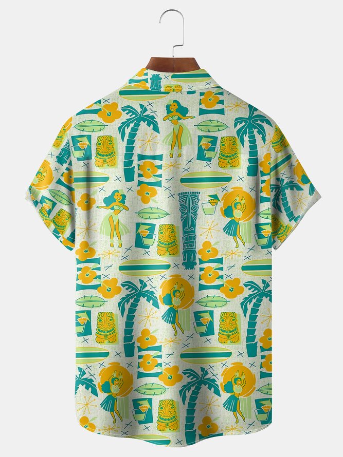 Hula Girl Tiki Chest Pocket Short Sleeve Hawaiian Shirt