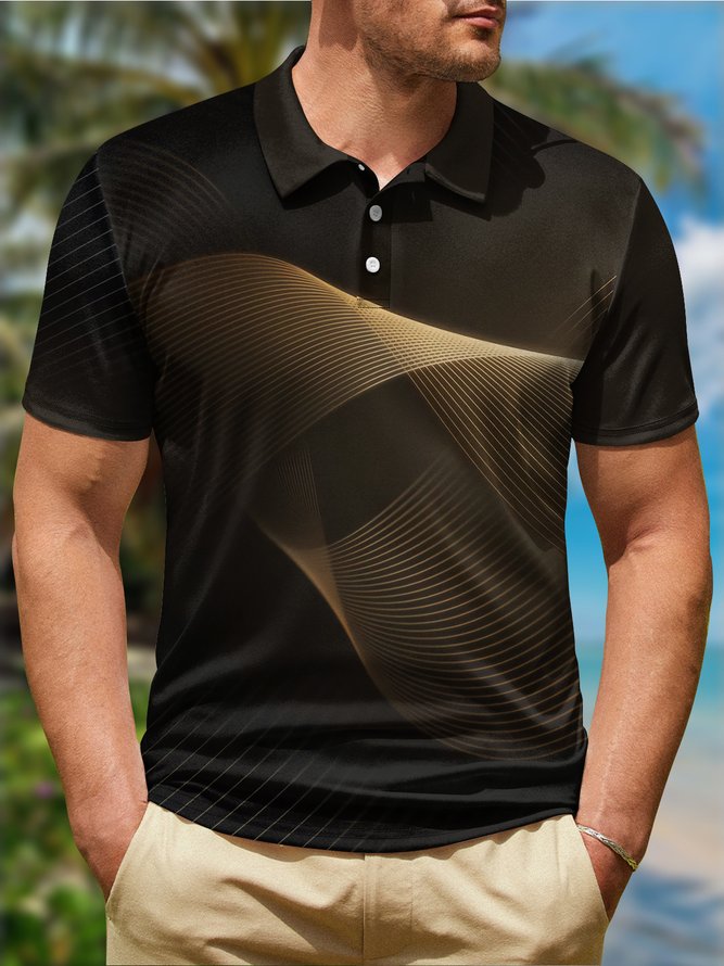 Gradient 3D Black Gold Abstract Stripe Button Short Sleeve Polo Shirt