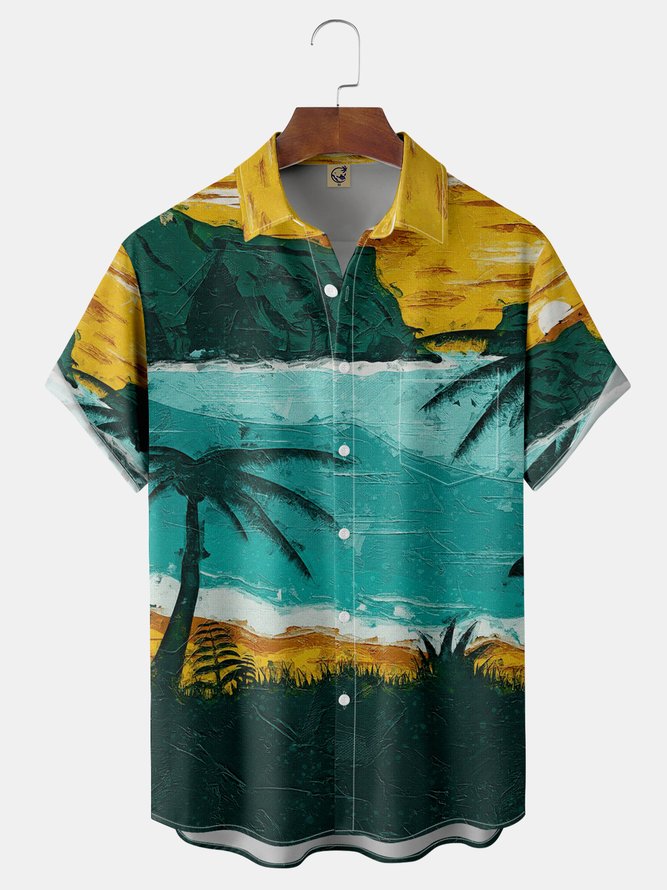 Palm Tree Oil Painting Chest Pocket Short Sleeve Hawaiian Shirt