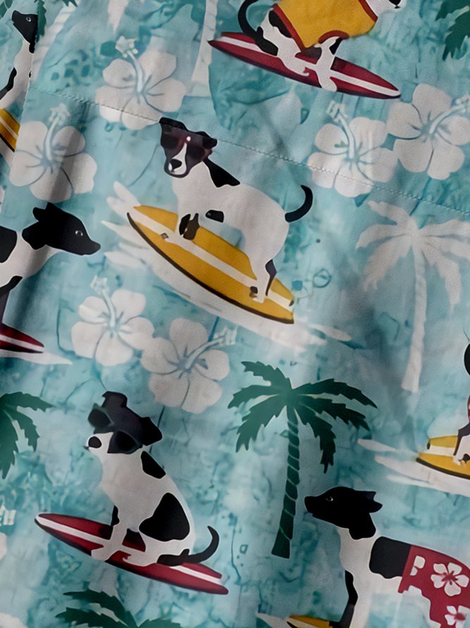Surfing Dogs Chest Pocket Short Sleeve Hawaiian Shirt