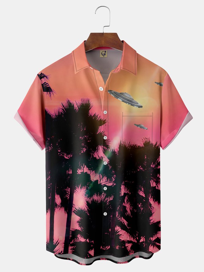 UFO Palm Tree Chest Pocket Short Sleeve Hawaiian Shirt