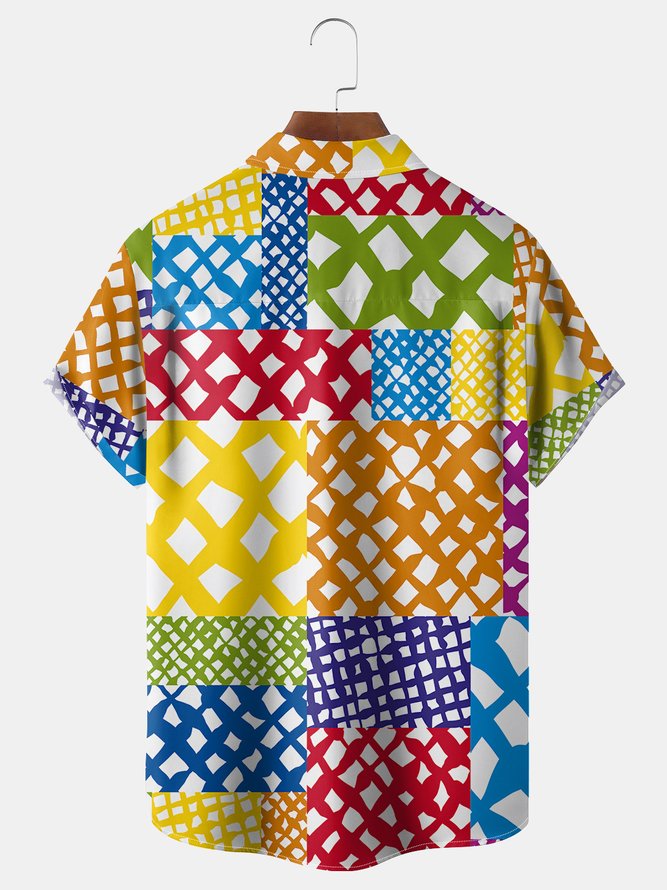 Geometric Panel Chest Pocket Short Sleeve Casual Shirt