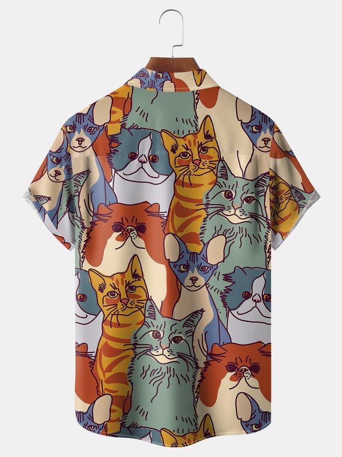 Animal Cat Chest Pocket Short Sleeve Casual Shirt