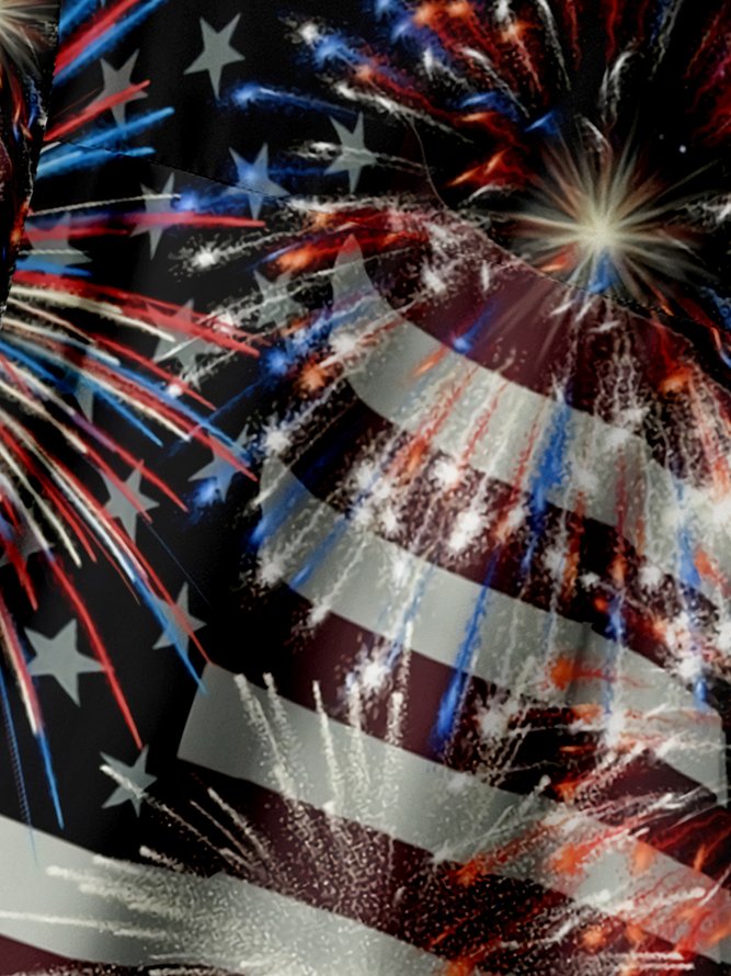 Fireworks American Flag Chest Pocket Short Sleeve Casual Shirt