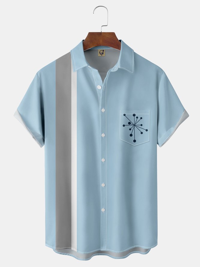Mid Century Geometric Patterns Chest Pocket Short Sleeve Bowling Shirt