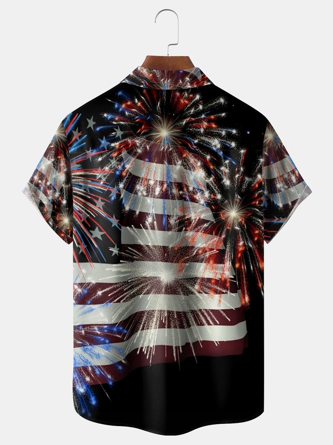 Fireworks American Flag Chest Pocket Short Sleeve Casual Shirt