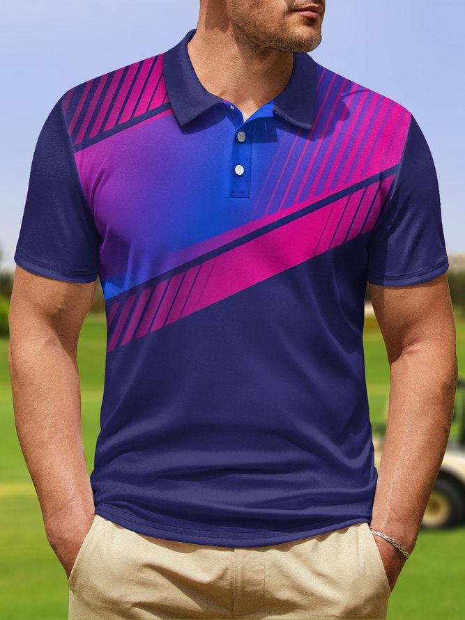 Ombre Geometric Button Short Sleeve Golf Polo Shirt