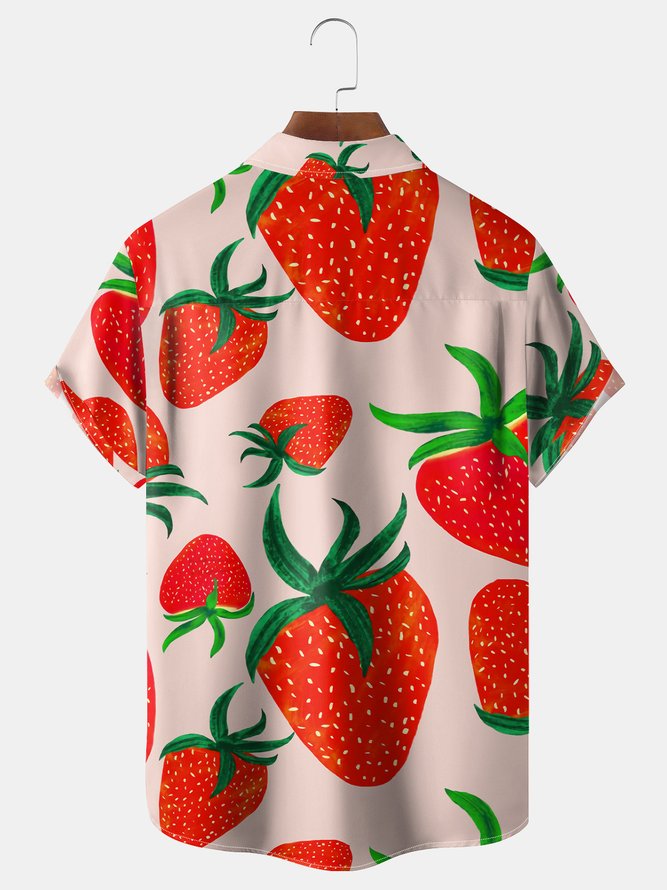 Fruit Strawberry Chest Pocket Short Sleeve Casual Shirt