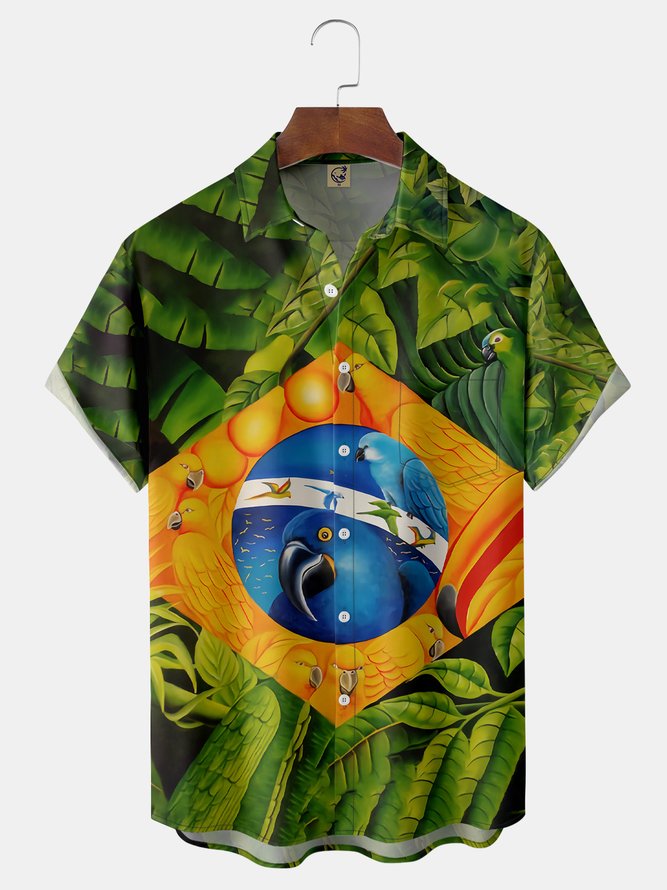 Brazil Parrots Chest Pocket Short Sleeve Casual Shirt