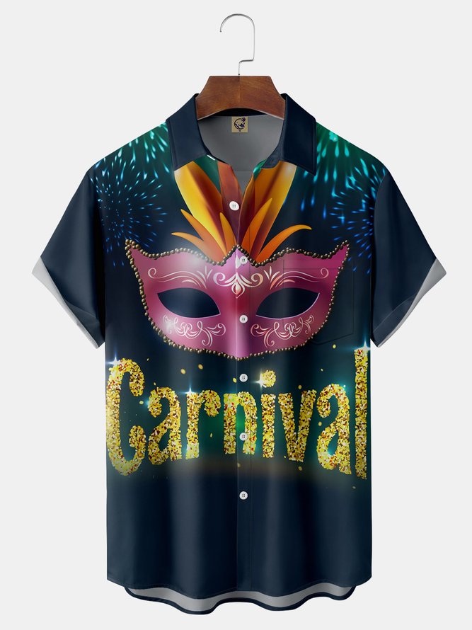 Brazilian Carnival Mask Chest Pocket Short Sleeve Casual Shirt