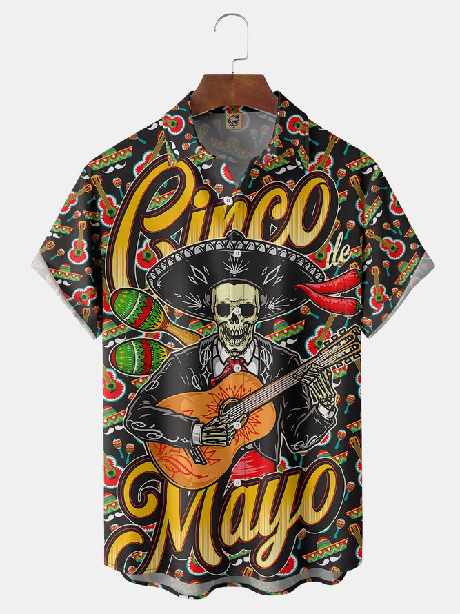 Cinco De Mayo Skull Guitar Chest Pocket Short Sleeve Shirt