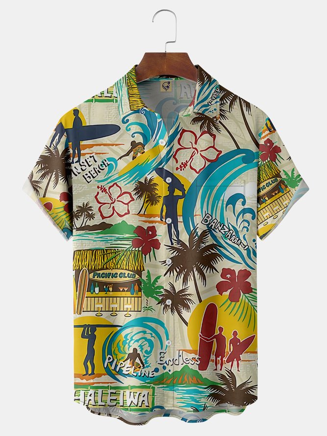 Surfing Chest Pocket Short Sleeve Hawaiian Shirt