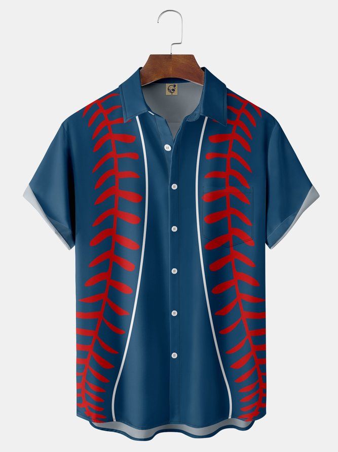 Baseball Geometry Chest Pocket Short Sleeve Bowling Shirt