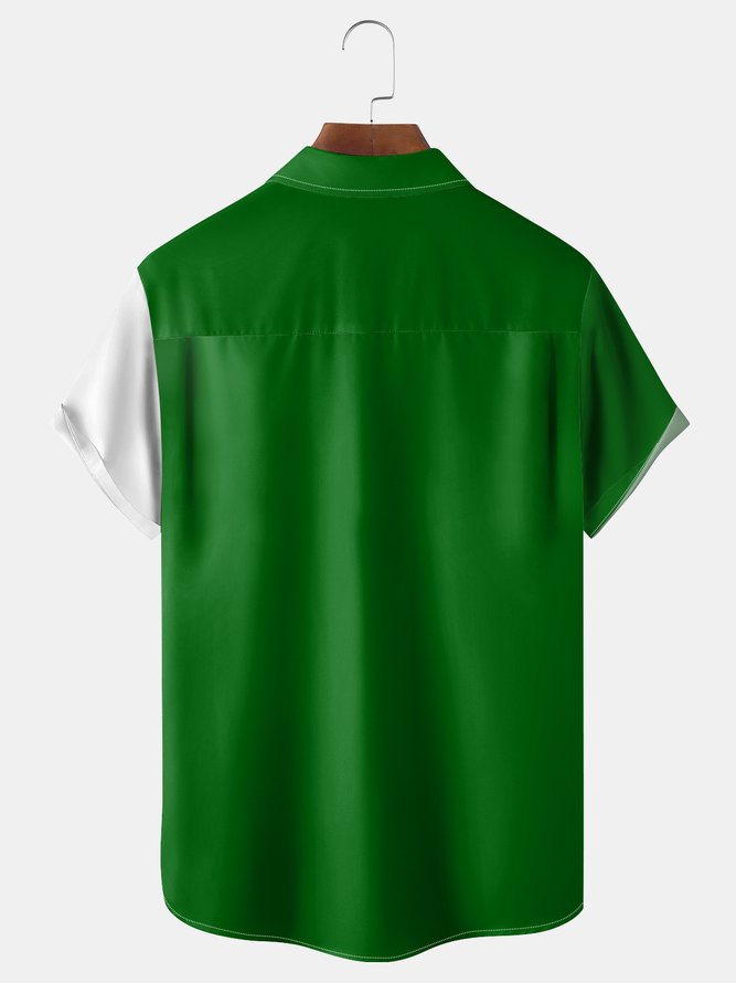 St Patrick's Day Clover Chest Pocket Short Sleeve Bowling Shirt