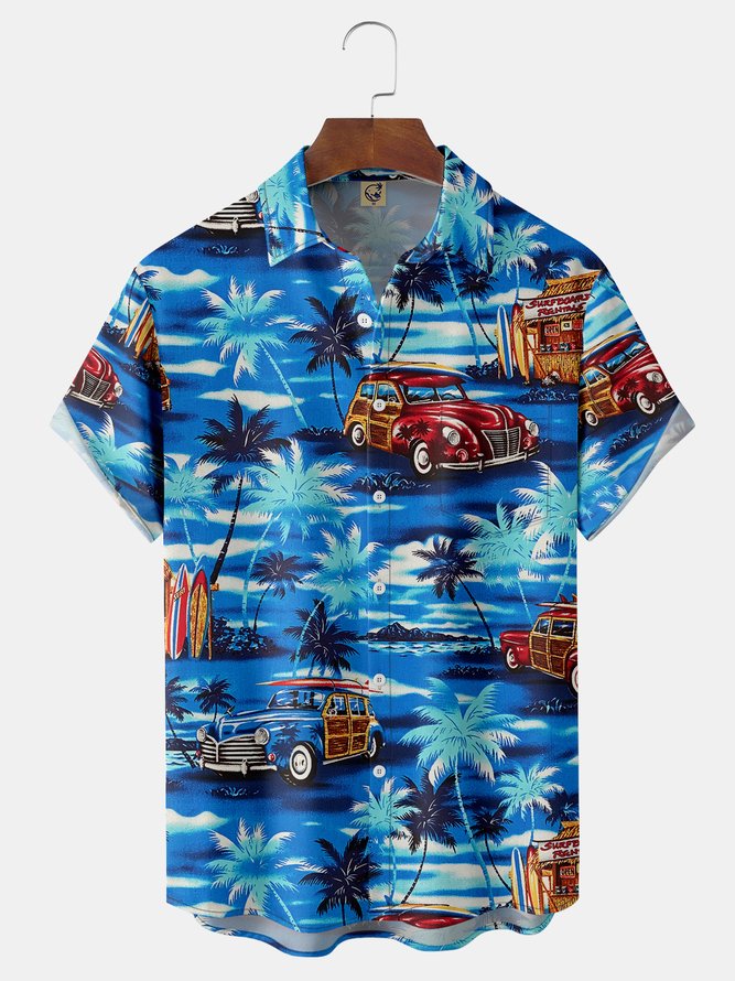 Vintage Car Coconut Tree Chest Pocket Short Sleeve Hawaiian Shirt