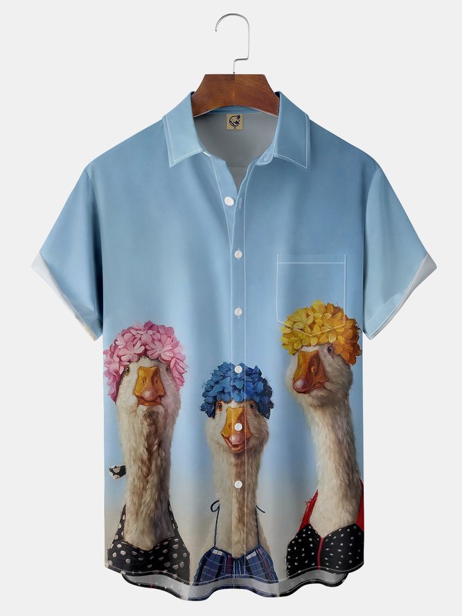 Fun Duck Chest Pocket Short Sleeve Casual Shirt
