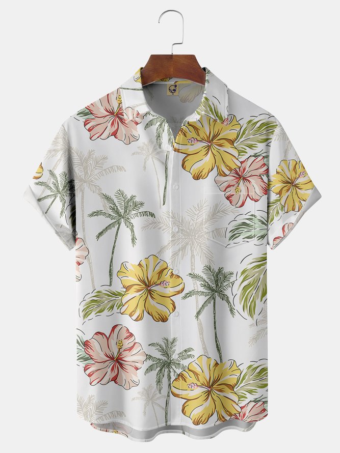 Coconut Tree Flowers Chest Pocket Short Sleeve Hawaiian Shirt