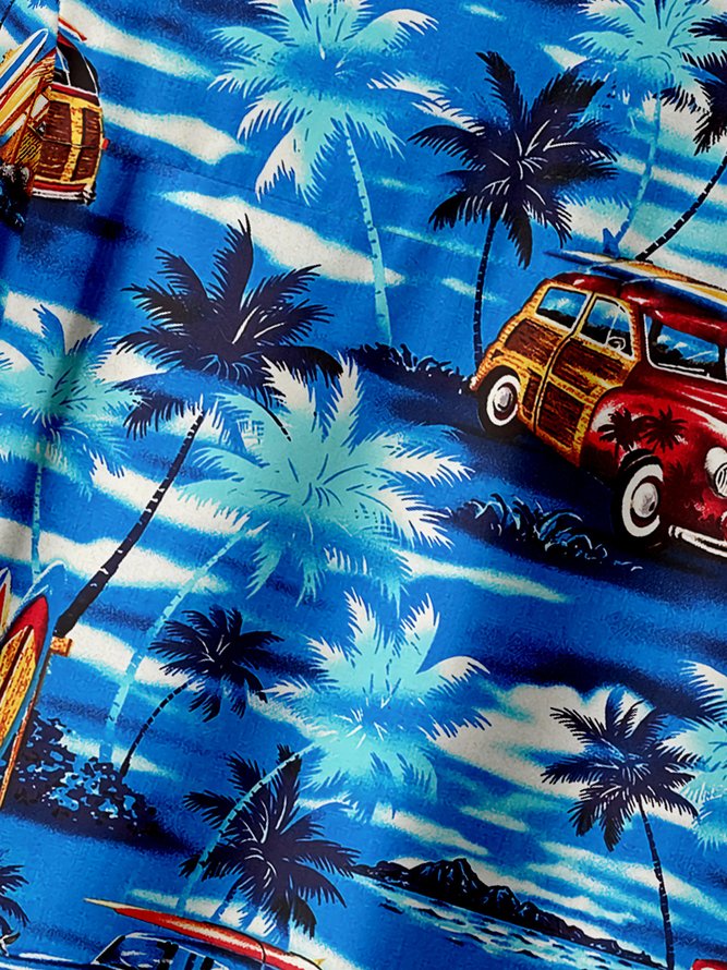 Vintage Car Coconut Tree Chest Pocket Short Sleeve Hawaiian Shirt