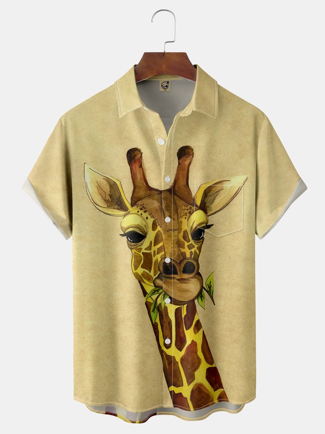 Animal Deer Chest Pocket Short Sleeve Casual Shirt