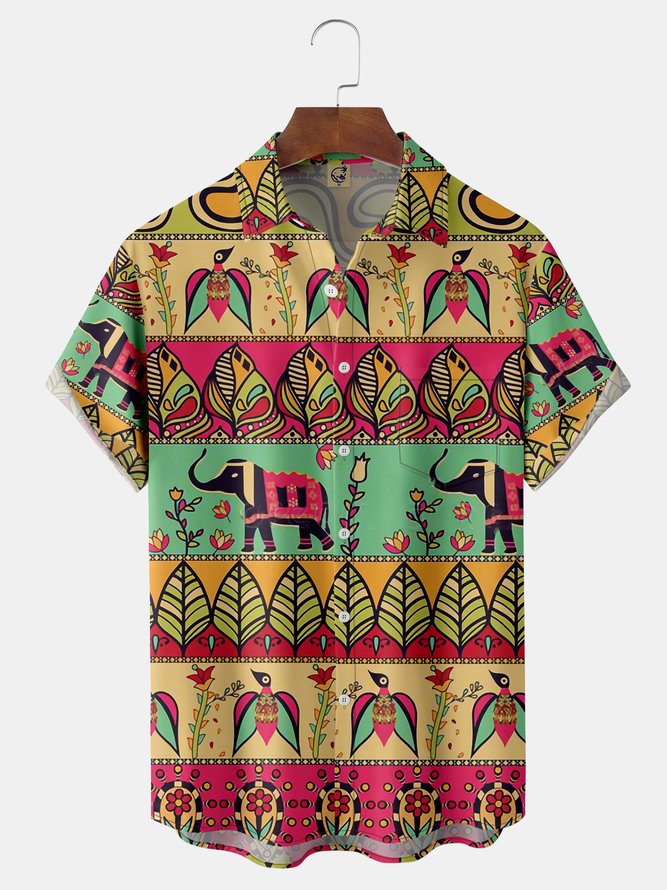 Ethnic Pattern Chest Pocket Short Sleeve Hawaiian Shirt