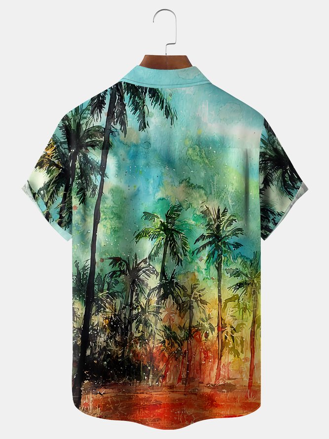Watercolor Coconut Tree Chest Pocket Short Sleeve Hawaiian Shirt