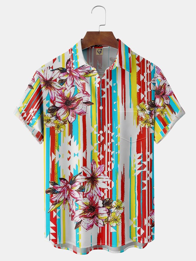Floral Ethnic Chest Pocket Short Sleeve Hawaiian Shirt