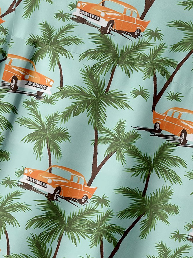 Coconut Tree Car Chest Pocket Short Sleeve Hawaiian Shirt