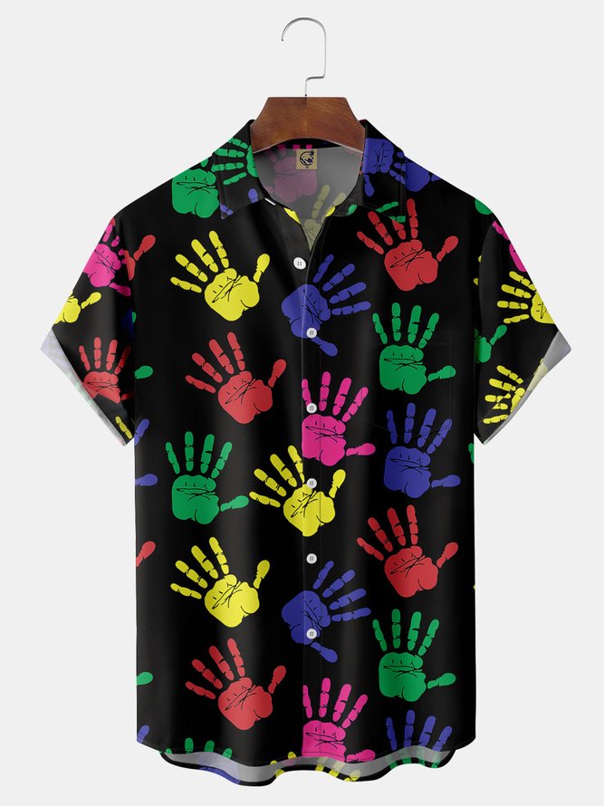 Colorful Hands Chest Pocket Short Sleeve Casual Shirt