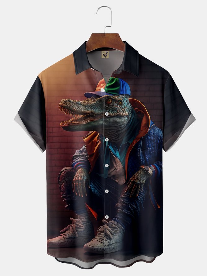 Crocodile Illustration Chest Pocket Short Sleeve Casual Shirt