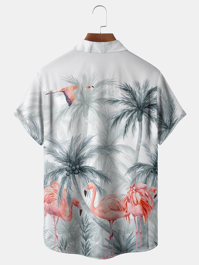 Flamingo Coconut Tree Chest Pocket Short Sleeve Hawaiian Shirt