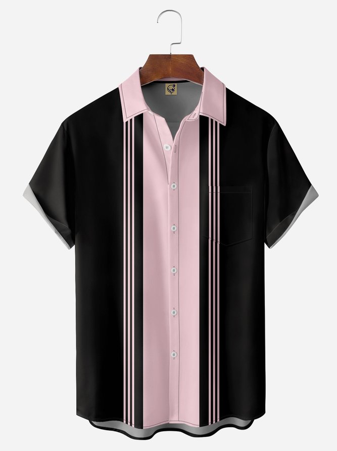 Geometric Lines Chest Pocket Short Sleeve Bowling Shirt