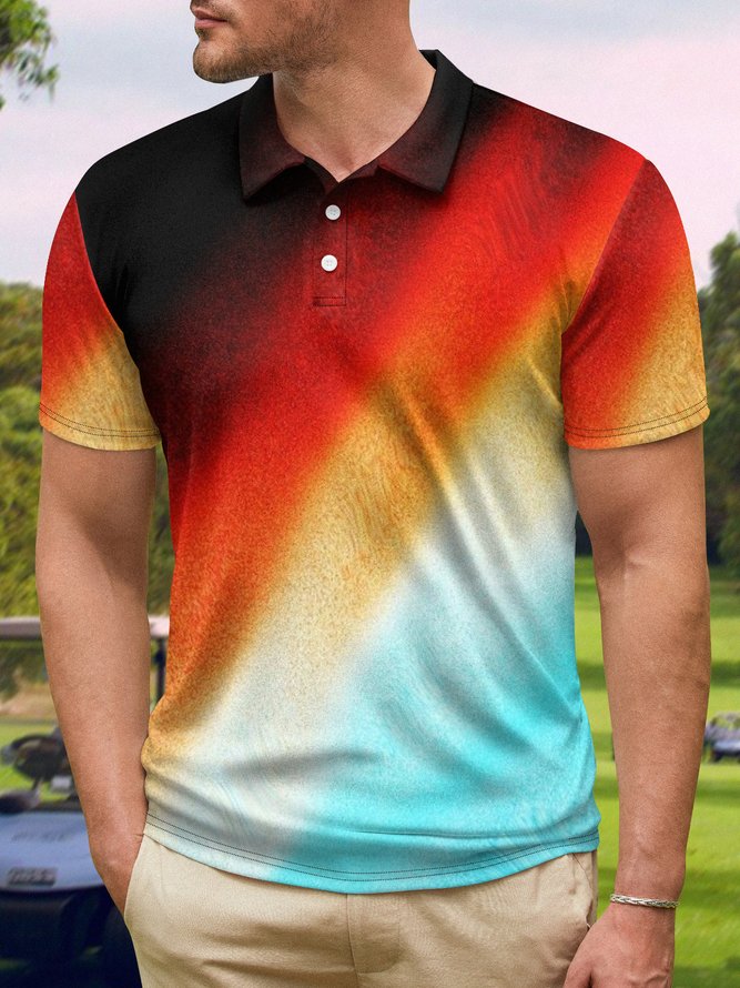 Abstract Ombre Striped Button Short Sleeve Golf Polo Shirt