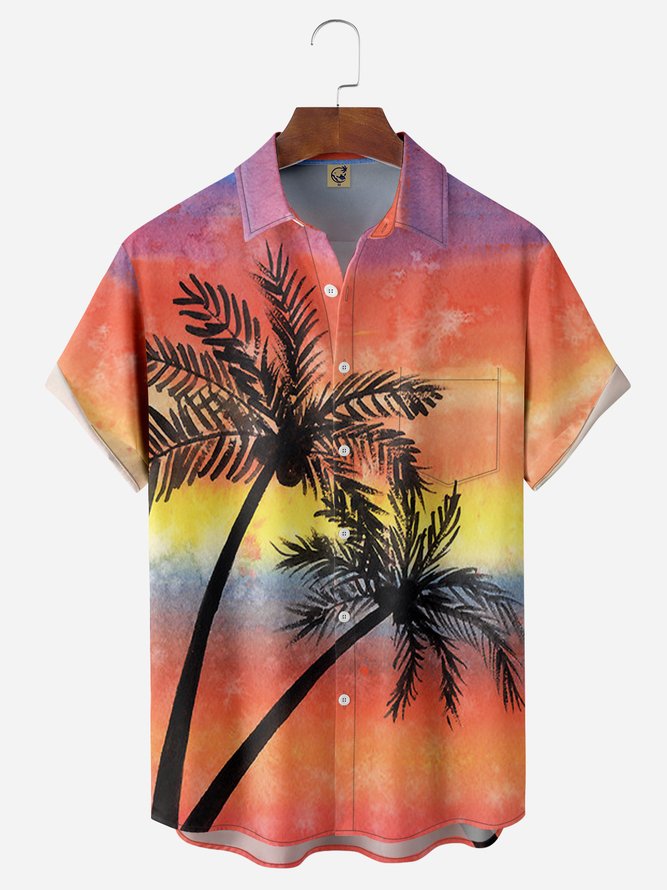 Coconut Tree Painting Chest Pocket Short Sleeve Hawaiian Shirt