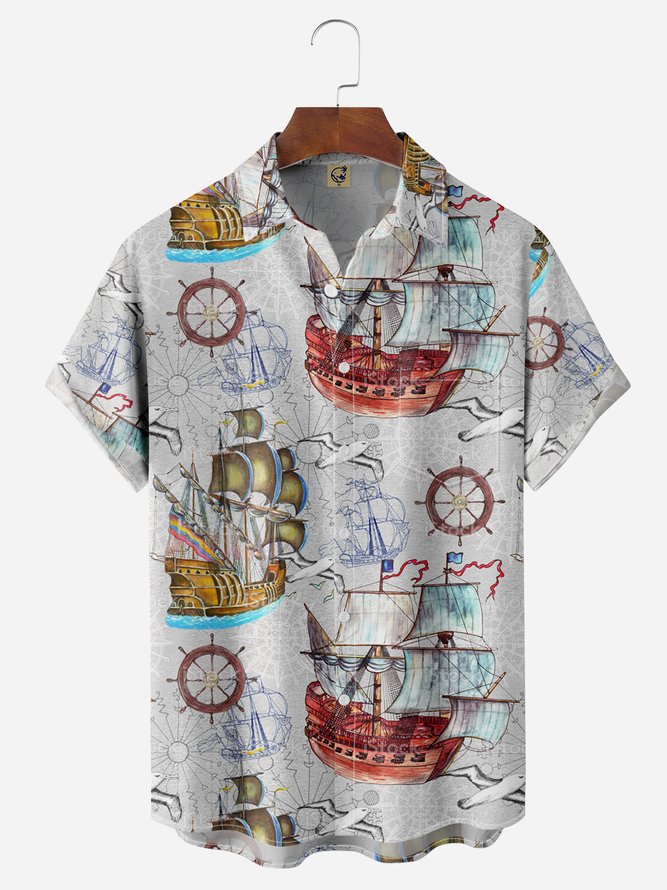Sailboat Chest Pocket Short Sleeve Hawaiian Shirt