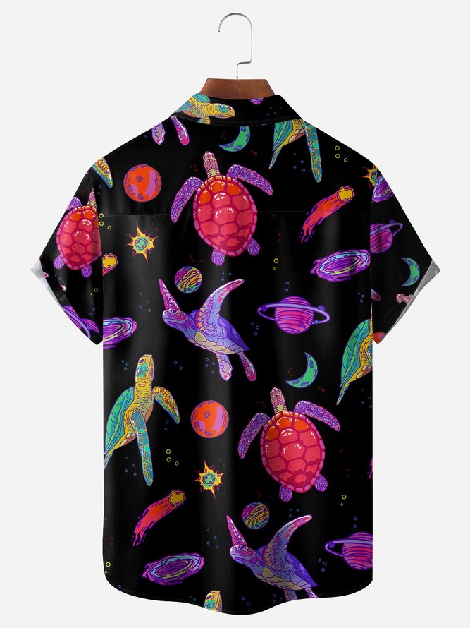Space Sea Turtle Chest Pocket Short Sleeve Casual Shirt