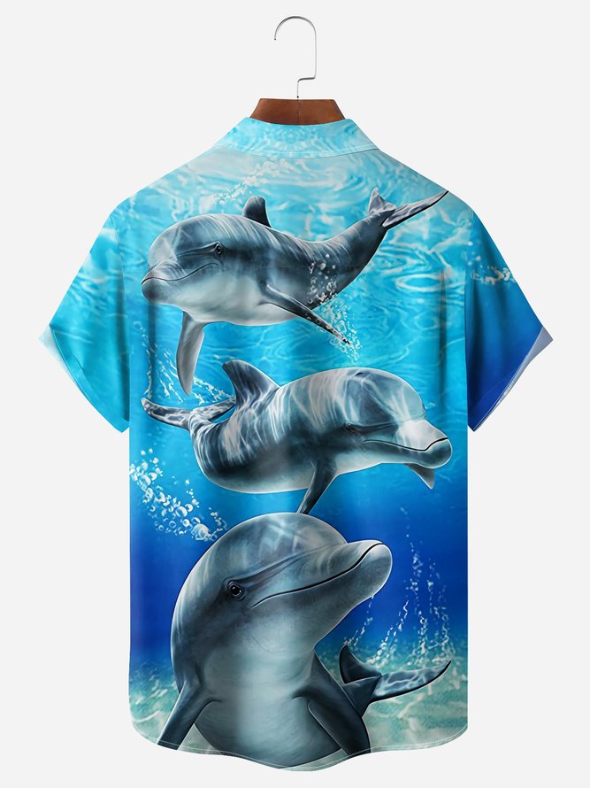 Marine Life  Dolphins Chest Pocket Short Sleeve Hawaiian Shirt
