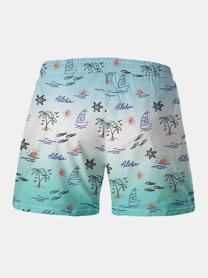 Ombre Coconut Tree Drawstring Beach Shorts